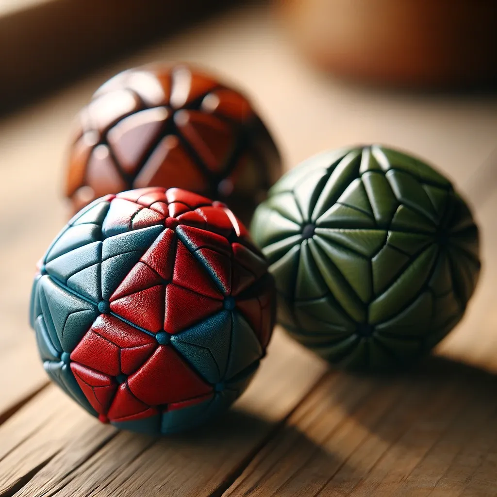 Image of three leather juggling balls, each with a different color and pattern. The red ball features a dodecahedral pattern, the blue ball has a tetrahedral pattern, and the green ball showcases a cubic pattern. The balls are displayed on a wooden surface, highlighting their textured leather surface and intricate stitching.