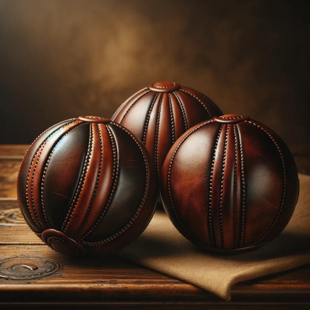 Image of three traditional leather juggling balls, each crafted in dark brown leather. The design captures the essence of classic craftsmanship with detailed stitching and a polished finish, set against a vintage backdrop that accentuates their traditional style.