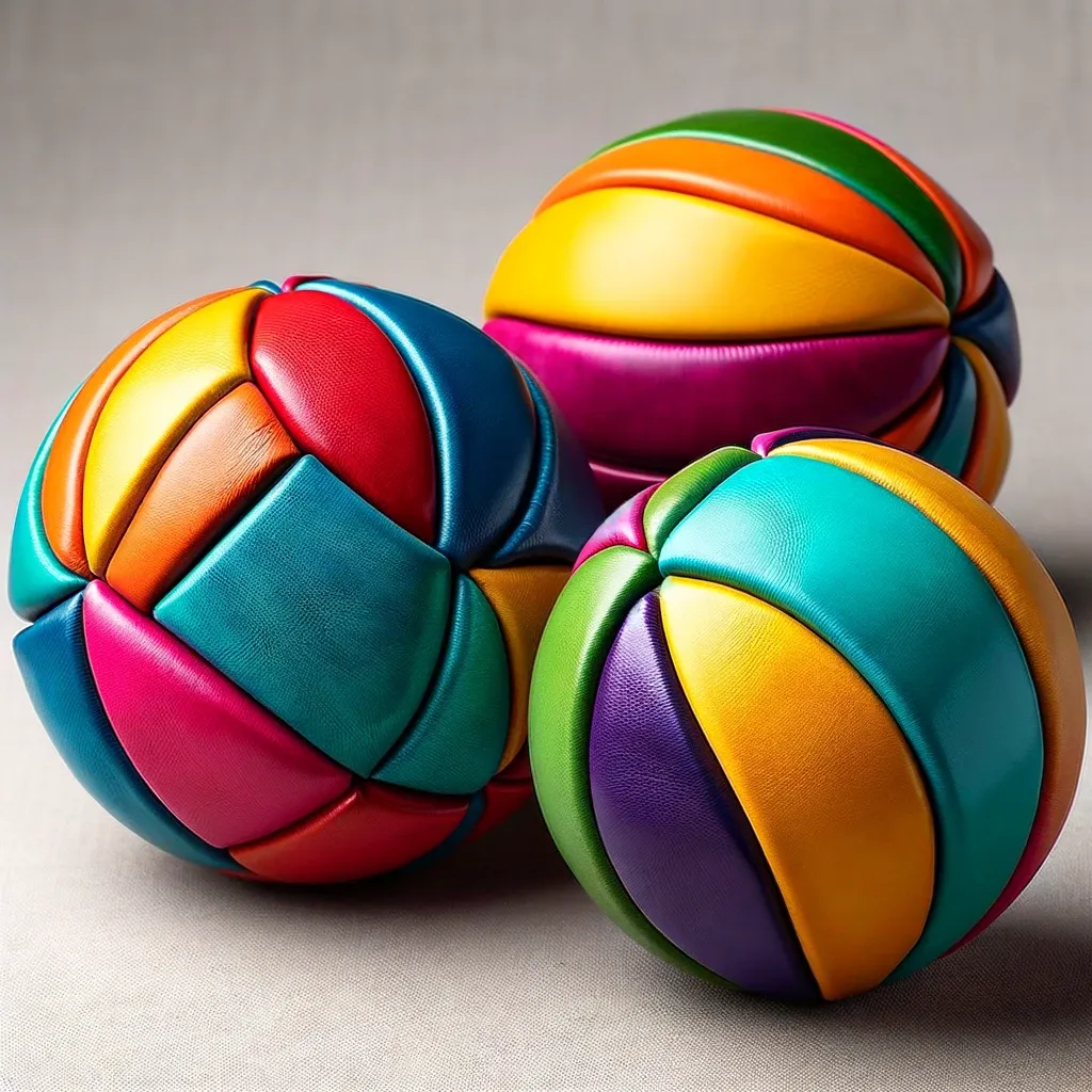 image of three colorful leather juggling balls, each uniquely constructed from four pieces of leather in various vibrant colors. The vivid hues and the visible stitching at the seams of each segment highlight the careful craftsmanship and playful design.